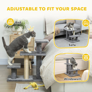 Cat Stairs with Sisal Scratching Post for High Bed Couch, Adjustable 3-Tier Pet Stairs, Grey