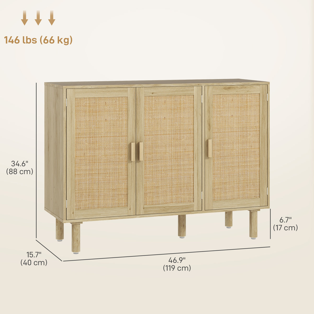 Bohemian Sideboard, 46.9" Buffet Cabinet with 3 Rattan Doors and Shelves for Living Room, Hallway, Oak