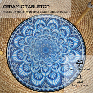 Round Outdoor Table, Patio Bistro Coffee Table with Mosaic Top and Steel Frame for Garden