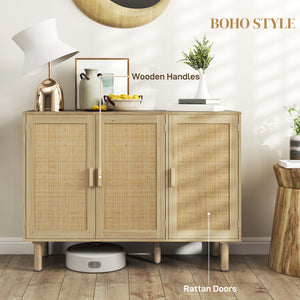 Bohemian Sideboard, 46.9" Buffet Cabinet with 3 Rattan Doors and Shelves for Living Room, Hallway, Oak