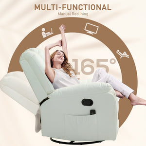 8-Point Vibration Massage Recliner Chair, PU Leather Manual Reclining Sofa, Swivel Nursery Rocking Chair with Remote Control, Side Pockets, for Living Room, Cream White