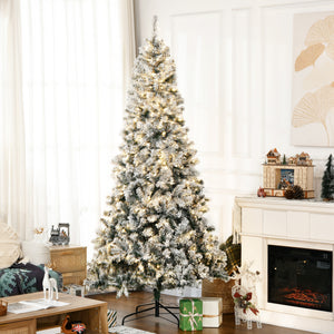7.5ft Artificial Prelit Christmas Tree with Warm White LED Light, Snow Flocked Branches, Metal Base, Xmas Tree
