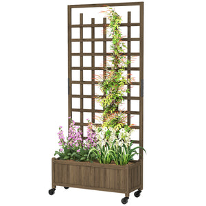 Wooden Planter with Trellis, Raised Garden Bed with Wheels, Drainage Holes for Climbing Plants, Flowers, Brown