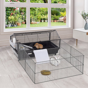 Guinea Pig Cage with Foldable Detachable Playpen, Rolling Rabbit Chinchilla Hedgehog Bunny Cage Small Animal Habitat with Water Bottle, Hay Feeder, 34.5" x 50.5" x 22"