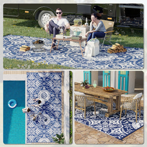 Portable Outdoor Rug with Carry Bag, 9' x 18' Reversible Mat, Waterproof Plastic Straw RV Rug for Backyard, Deck, Picnic, Beach, Camping, Blue & White Flower