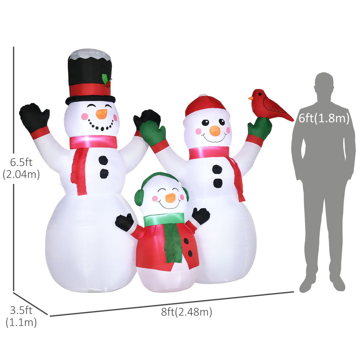 8ft Inflatable Christmas Snowman Family with A Red Bird, Blow-Up Outdoor LED Yard Display for Lawn Garden Party