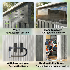 6.5x4FT Galvanised Metal Shed with Foundation Kit, Lockable Garden Tool Storage House with Sliding Doors – view 20