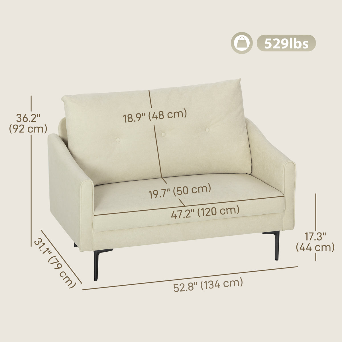 2 Seater Sofa, Small Modern Couch with High-Resilience Foam, Thicken Padding, Button Tufted, Cream White – view 2