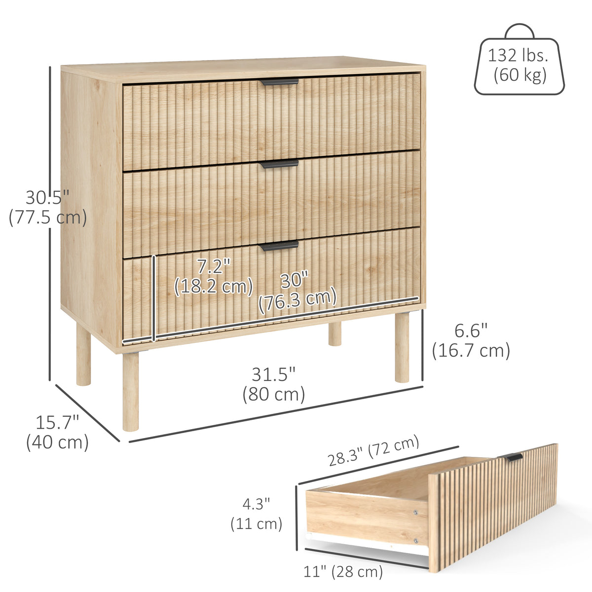 Bedroom Chest of Drawers, 3 Drawer Dresser with Fluted Panels and Solid Wood Legs, Storage Cabinet for Living Room, Oak