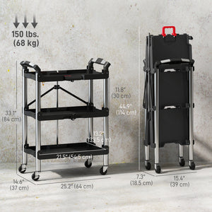 3-Tier Collapsible Tool Cart with Wheels, 150 LBS Capacity Folding Utility Cart with Handles for Garage Workshop, Black