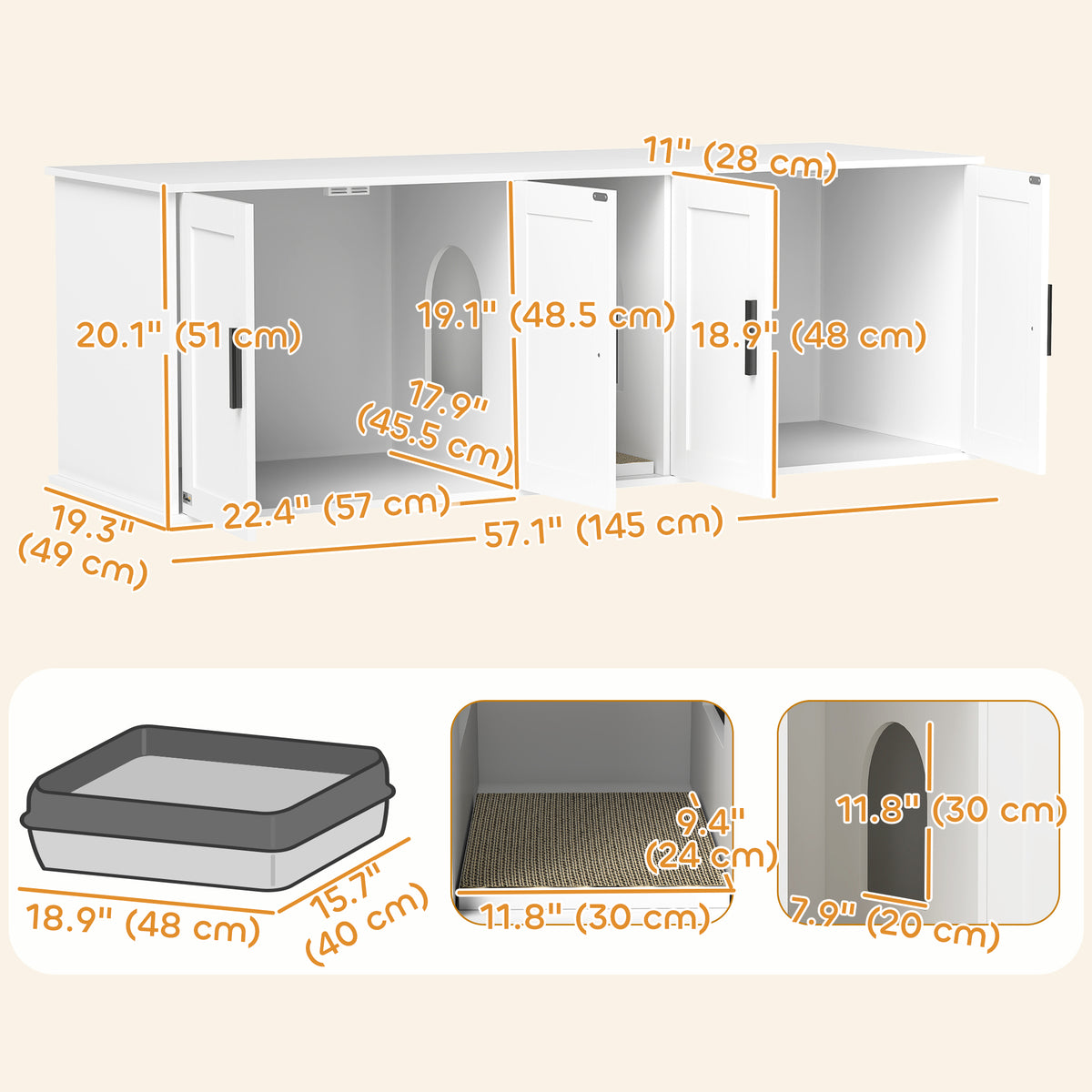 Cat Litter Box Enclosure with Double Room, Scratching Board for 2 Cats, 57" x 19" x 20", White