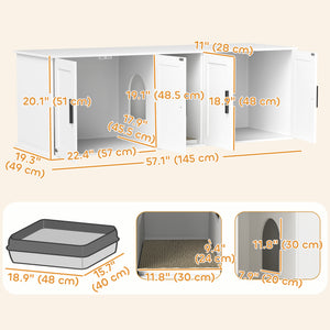 Cat Litter Box Enclosure with Double Room, Scratching Board for 2 Cats, 57" x 19" x 20", White