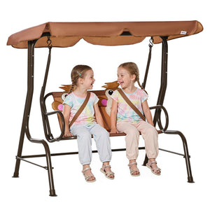 2-Seat Kids Porch Swing Chair, Children Outdoor Patio Furniture Lounge Chair for Garden, with Adjustable Canopy, Seat Belt, Monkey Pattern, for 3-6 Years Old, Coffee