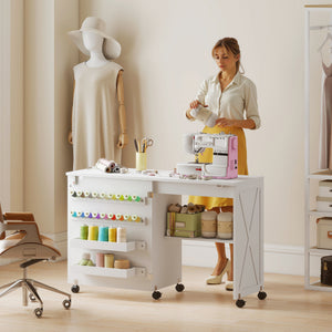 Sewing Machine Table on Wheels, Folding Craft Table with 2 Bins, Storage Shelf, 18 Pegs, Lockable Wheels โ view 21