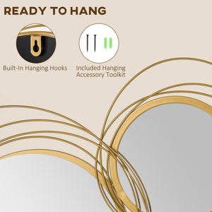 Metal Wall Art Gold Frame Circle Bathroom Mirror Decor Home Hanging Wall Sculptures, 42.25"L x 22"W x 1.5"H, Gold