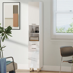 71" Tall Bathroom Storage Cabinet, Narrow Linen Tower with Drawer, Open Shelves, 2 Doors Cabinets and Adjustable Shelves, High Gloss White