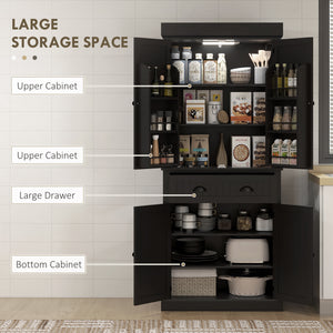 71" Kitchen Pantry Cabinet with LED Lights, 6 Spice Racks, a Drawer and 4 Adjustable Shelves, Black – view 3