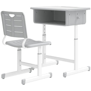 Qaba Kids Desk and Chair Set, Height Adjustable Children Study Desk and Chair with Drawer, Study Table for Bedroom, Grey