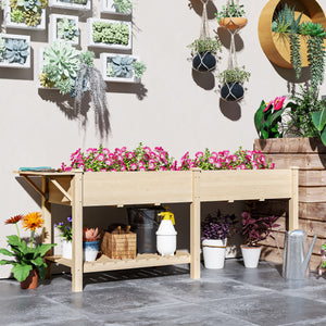 Raised Garden Bed, Wood Planter Box with Side Table, Bottom Shelf, Bed Liners and Drainage Holes, Natural
