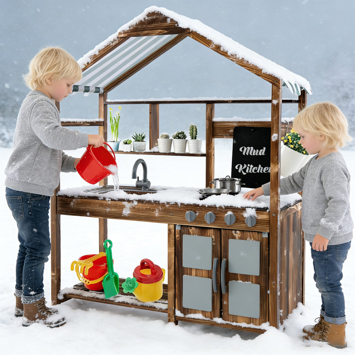 Kid's Mud Kitchen Outdoor Solid Wood Mud Kitchen with Canopy-Natural view 2