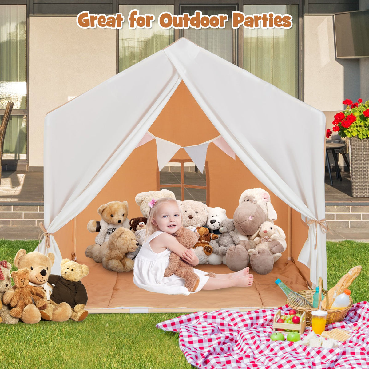 Kid's Play Tent with Washable Cotton Mat and Flag Banner-Orange view 2