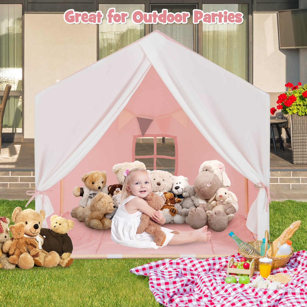 Kid's Play Tent with Washable Cotton Mat and Flag Banner-Pink view 2