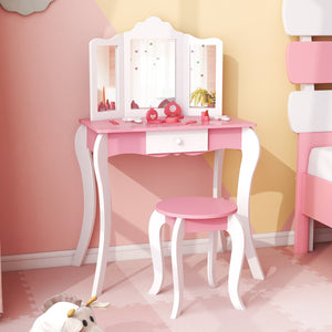 Kid's Wooden Vanity Table and Stool Set, with 3-Panel Acrylic Mirror-White view 2