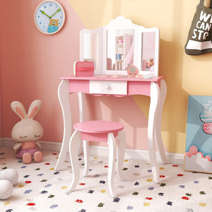 Kid's Wooden Vanity Table and Stool Set, with 3-Panel Acrylic Mirror-White view 3