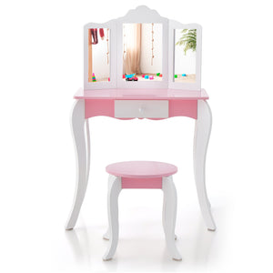 Kid's Wooden Vanity Table and Stool Set, with 3-Panel Acrylic Mirror-White view 4