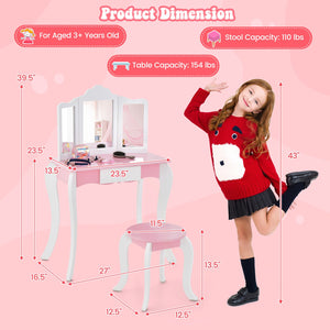 Kid's Wooden Vanity Table and Stool Set, with 3-Panel Acrylic Mirror-White view 5