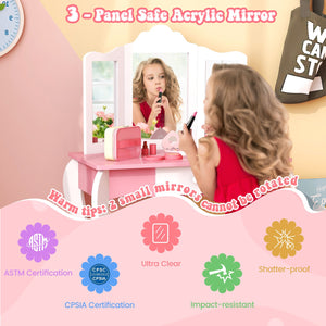 Kid's Wooden Vanity Table and Stool Set, with 3-Panel Acrylic Mirror-White view 7