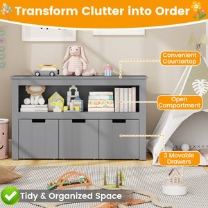 Kid Toy Storage Cabinet Drawer Chest with Wheels and Large Storage Cube Shelf-Gray view 9