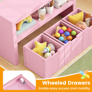 Kid Toy Storage Cabinet Drawer Chest with Wheels and Large Storage Cube Shelf-Pink view 8