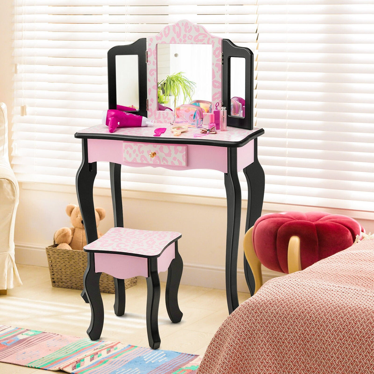 Kid Vanity Set with Tri-Folding Mirror and Leopard Print-Pink view 2