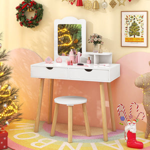 Kid Vanity Table Chair Set with Mirror and 2 Large Storage Drawers-White view 6
