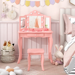 Kid Vanity Table Stool Set with Tri-Folding Mirror and 3-Color LED Lights-Pink view 3