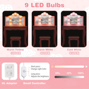Kid Vanity Table Stool Set with Tri-Folding Mirror and 3-Color LED Lights-Pink view 6