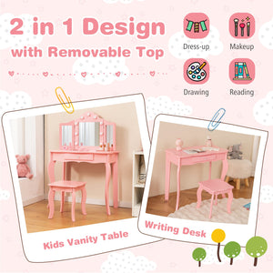 Kid Vanity Table Stool Set with Tri-Folding Mirror and 3-Color LED Lights-Pink view 7