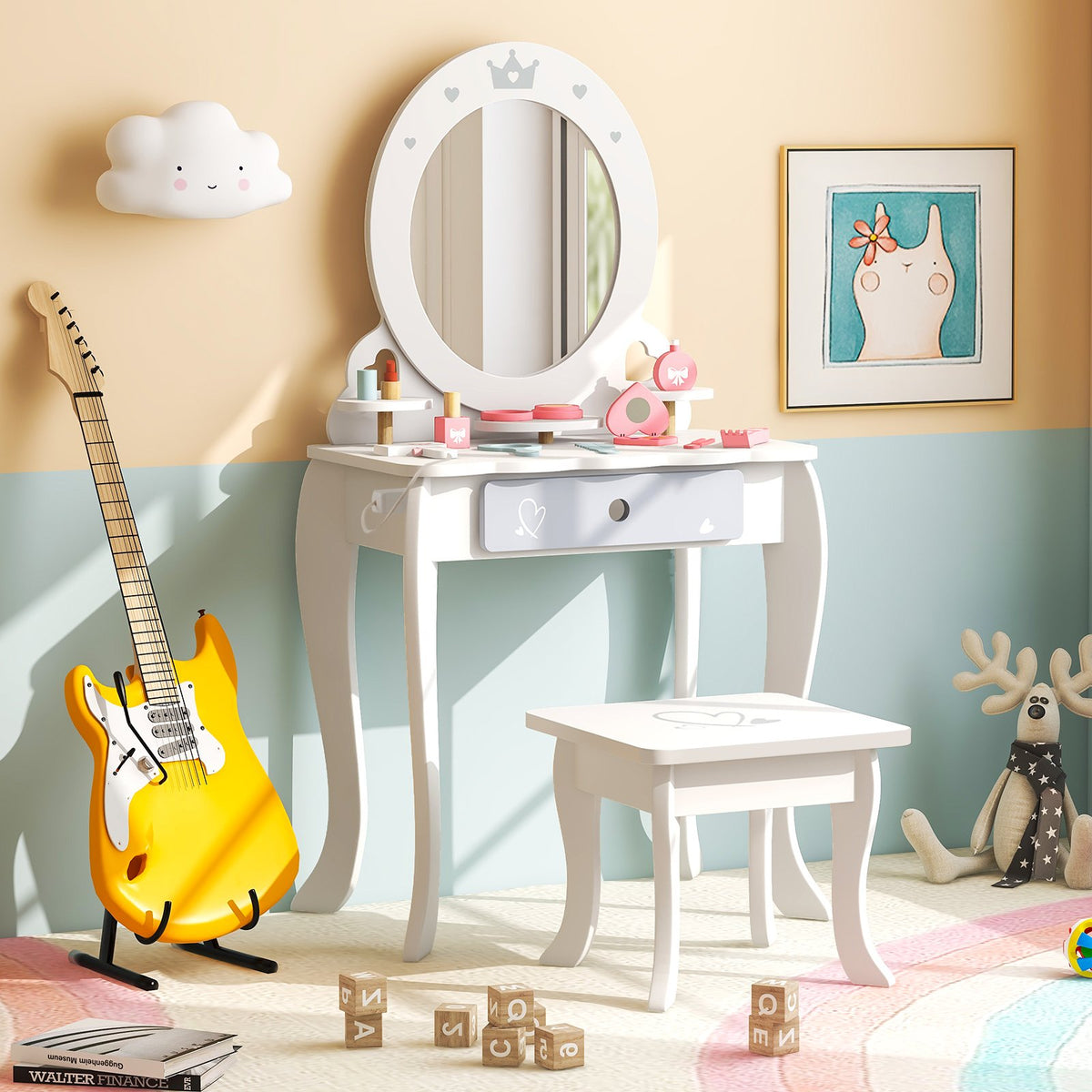 Kids 2-in-1 Princess Makeup Table and Chair Set with Removable Mirror-White view 2