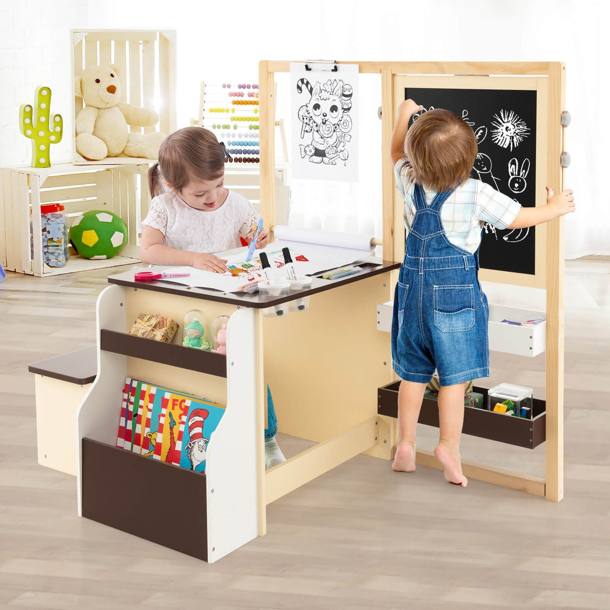 Kids Art Center Wooden Table Bench Set-Brown view 2