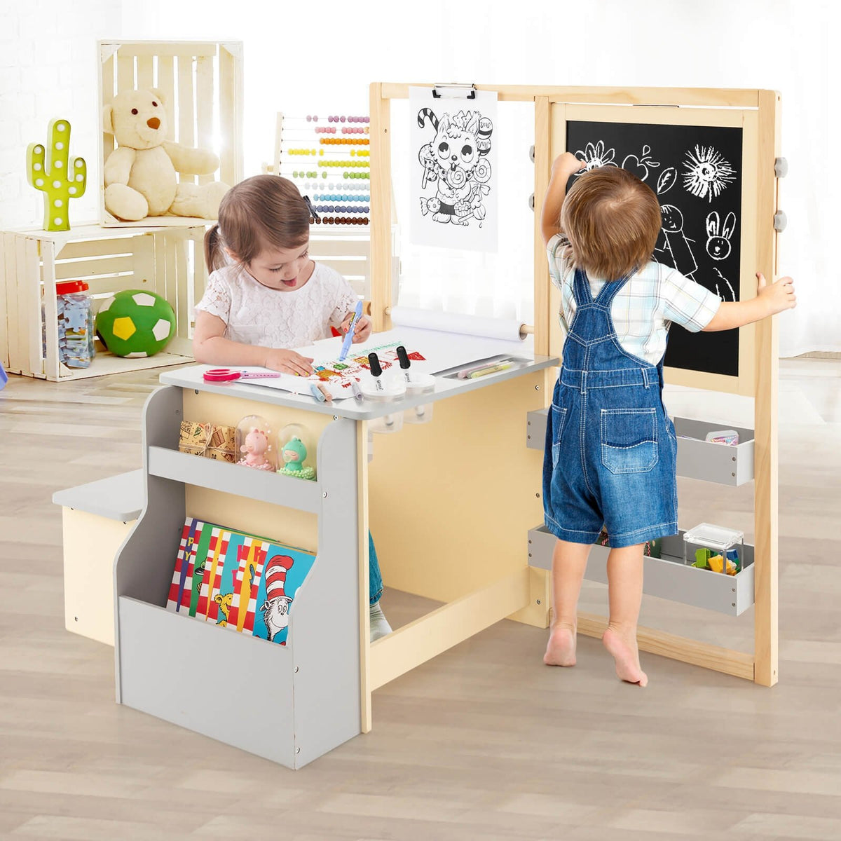 Kids Art Center Wooden Table Bench Set-Gray view 2
