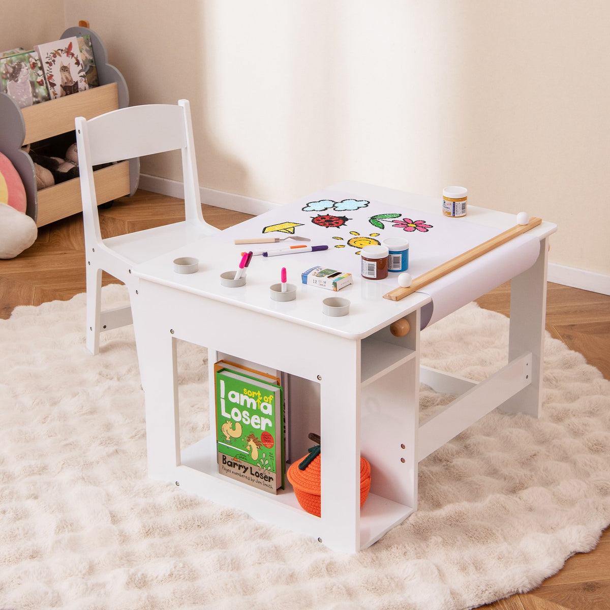 Kids Art Table and Chair Set Toddler Craft Drawing Desk-White view 2