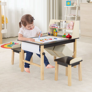 Kids Art Table and Chairs Set with Paper Roll and Storage Bins-Coffee view 2
