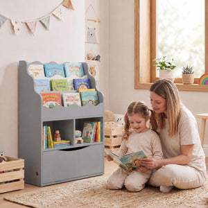 Kids Bookcase with 3-Tier Sling Bookshelf with Shelves Open Cubes and Flip Down Cabinet-Gray view 2