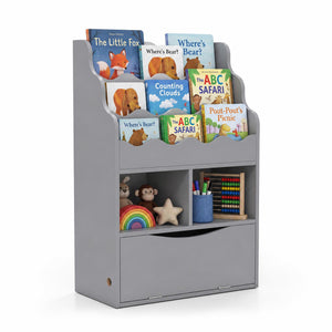 Kids Bookcase with 3-Tier Sling Bookshelf with Shelves Open Cubes and Flip Down Cabinet-Gray view 4