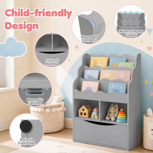 Kids Bookcase with 3-Tier Sling Bookshelf with Shelves Open Cubes and Flip Down Cabinet-Gray view 8
