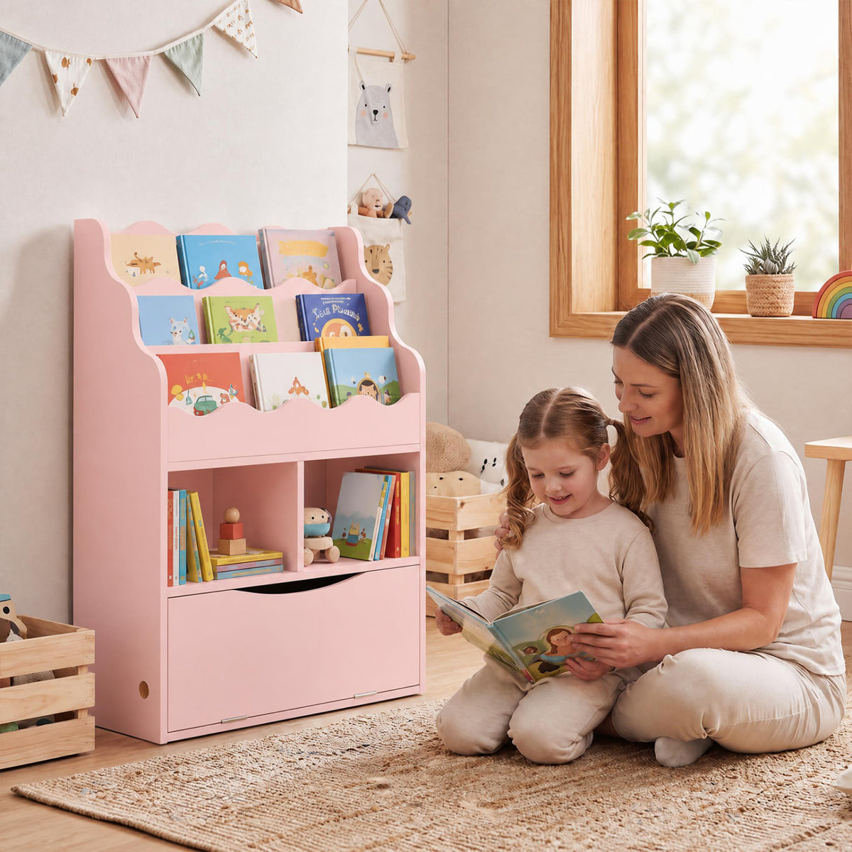 Kids Bookcase with 3-Tier Sling Bookshelf with Shelves Open Cubes and Flip Down Cabinet-Pink view 2