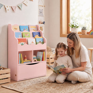 Kids Bookcase with 3-Tier Sling Bookshelf with Shelves Open Cubes and Flip Down Cabinet-Pink view 2