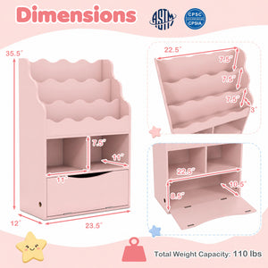 Kids Bookcase with 3-Tier Sling Bookshelf with Shelves Open Cubes and Flip Down Cabinet-Pink view 5