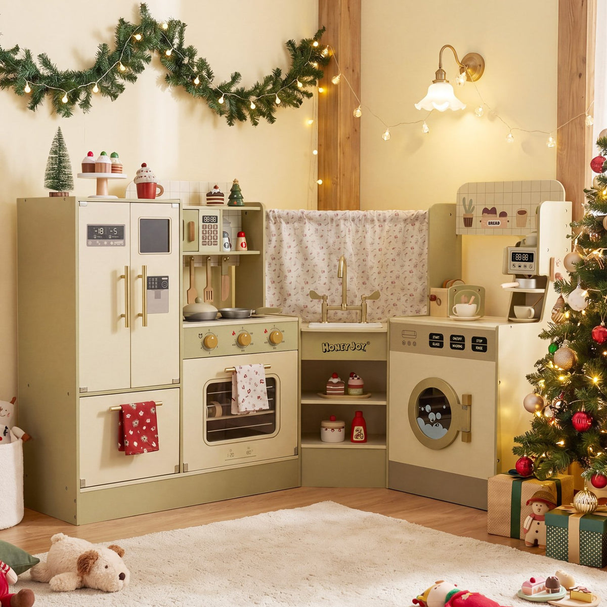 Kids Corner Play Kitchen with Faucet and Dishwasher and Stoves-Green view 2